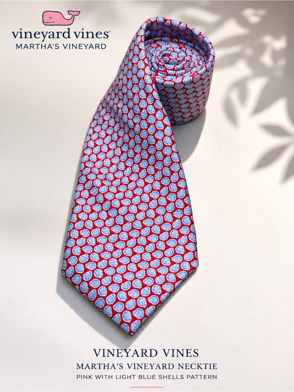 Vineyard Vines Pink Necktie with Light Blue Shell Motif